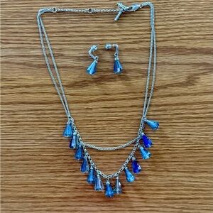 NEW Blue Crystal Drop Necklace Earrings Set Silver Tone Dangle 18” Adjustable